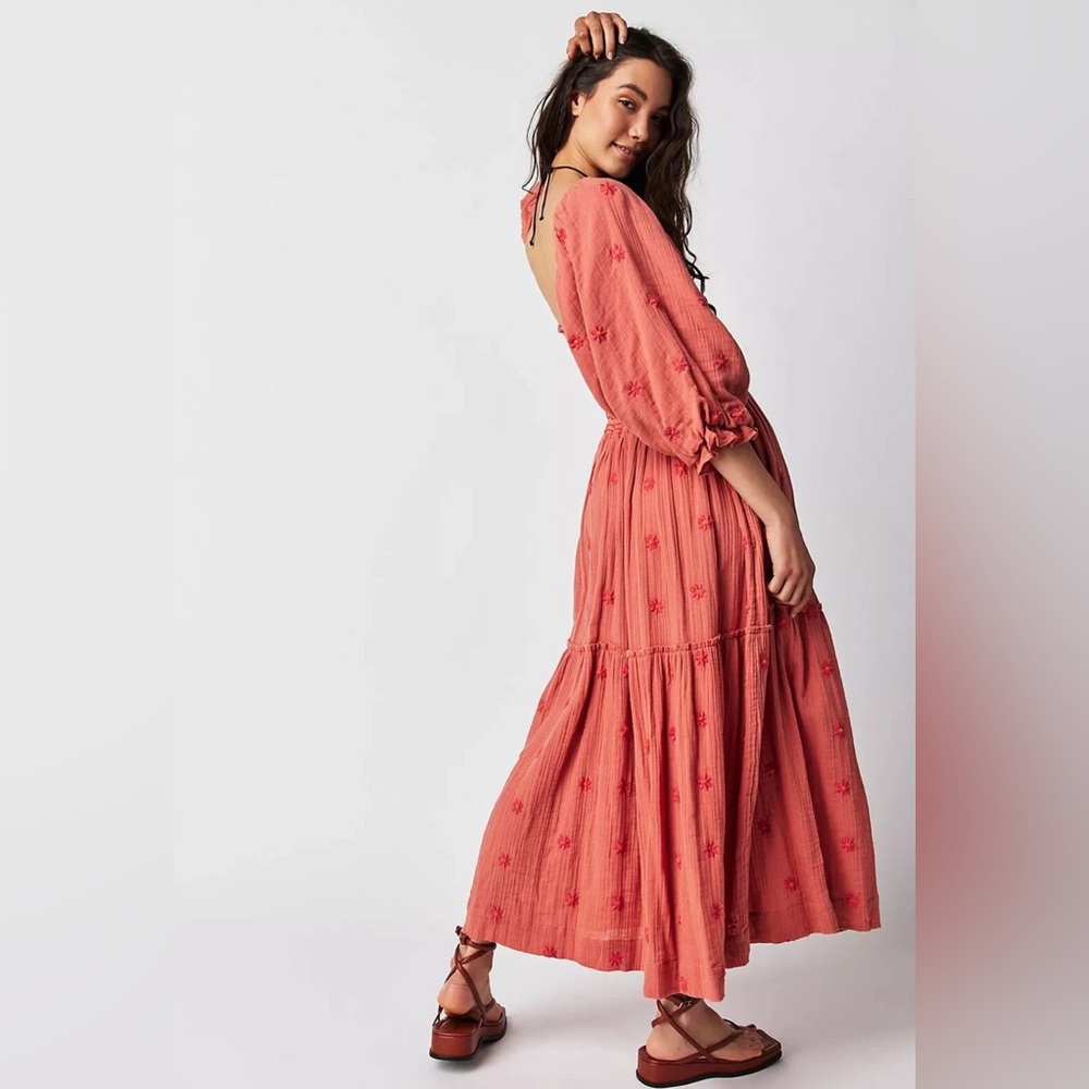 Free People Dahlia Embroidered Boho Flowy Maxi Dress in Melon Combo Size Medium - Picture 9 of 15